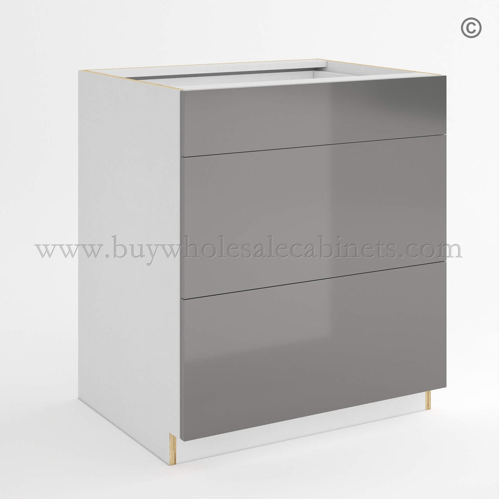 Frameless Gloss Gray Three Drawer Base Cabinet