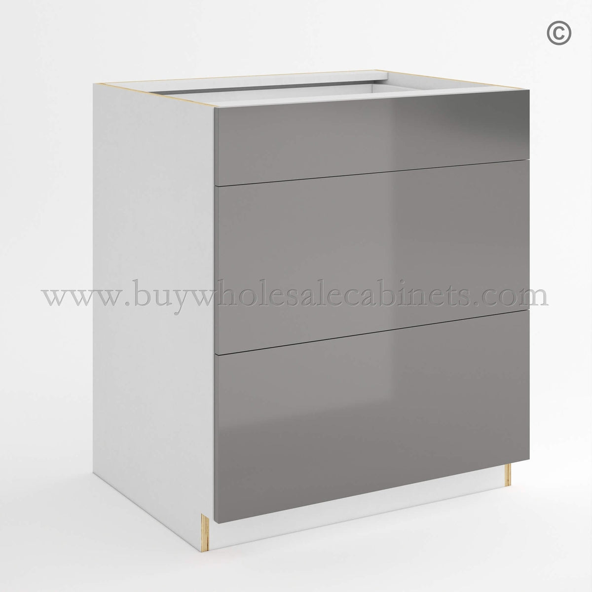 Frameless Gloss Gray Three Drawer Base Cabinet