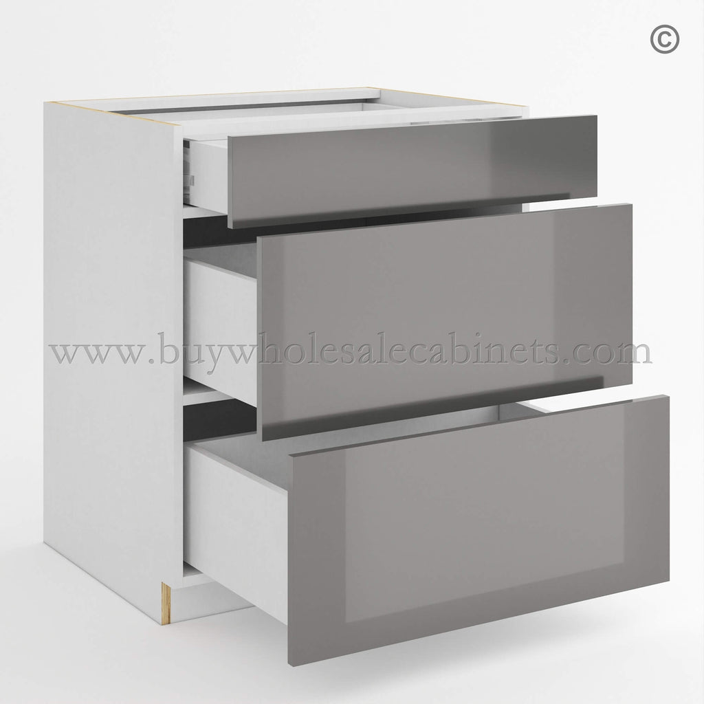 Frameless Gloss Gray Three Drawer Base Cabinet