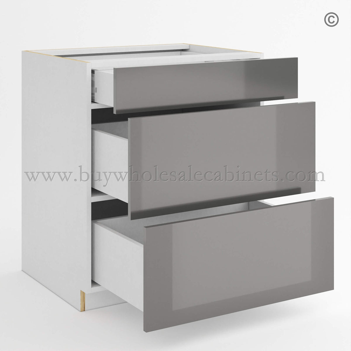Frameless Gloss Gray Three Drawer Base Cabinet