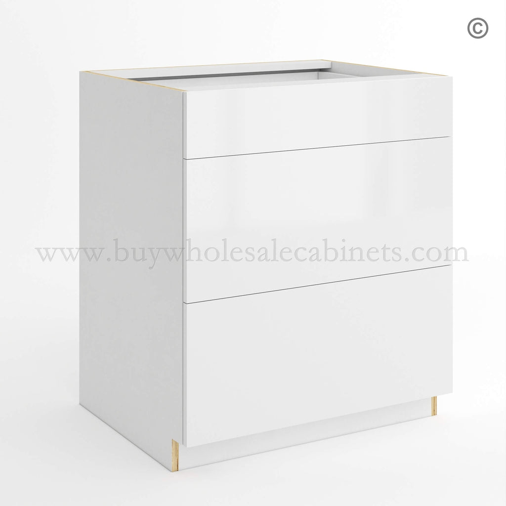 Frameless Gloss White Three Drawer Base Cabinet
