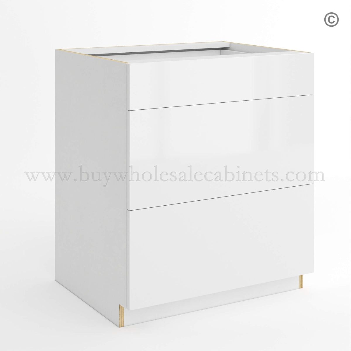 Frameless Gloss White Three Drawer Base Cabinet