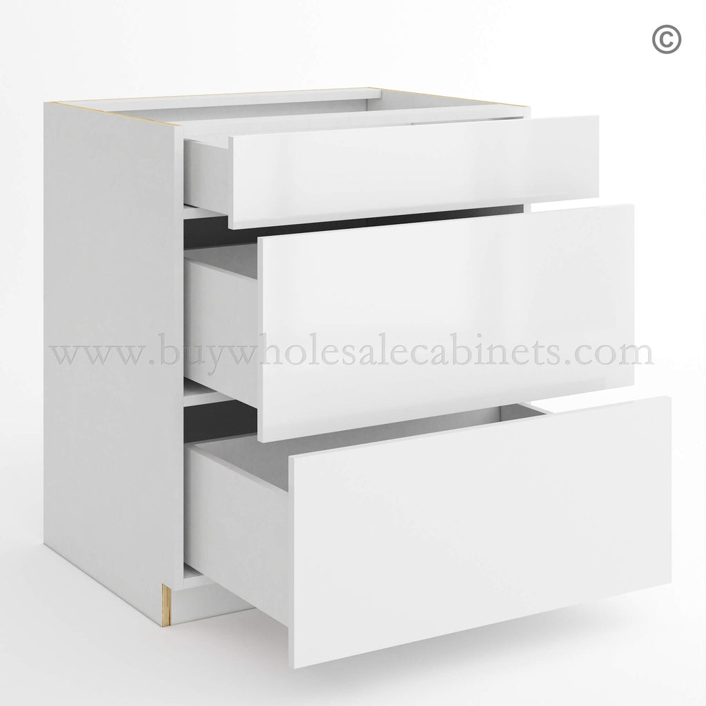 Frameless Gloss White Three Drawer Base Cabinet