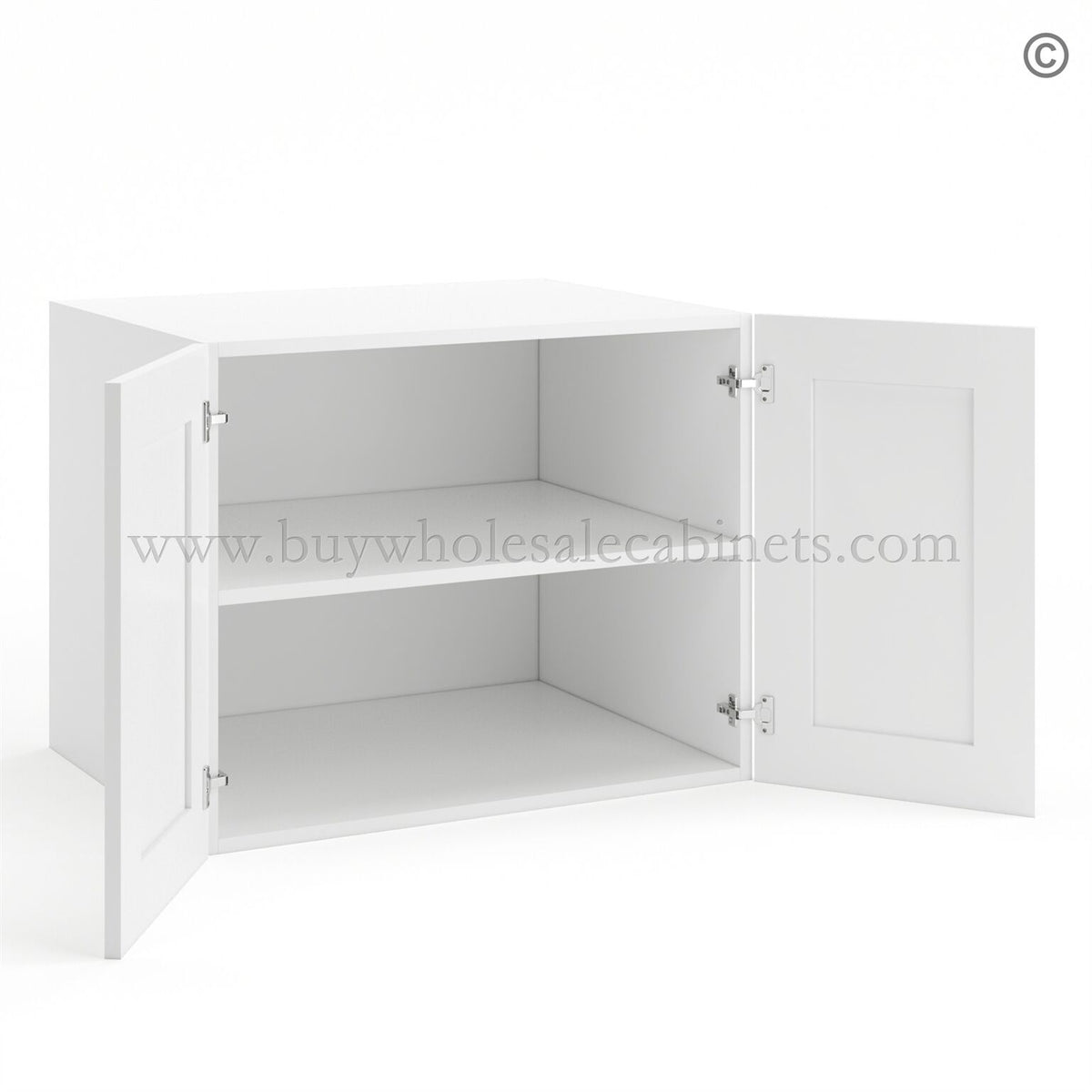 Frameless Modern White Shaker 24″ Deep Wall Cabinet – 2 Doors 1 Shelf