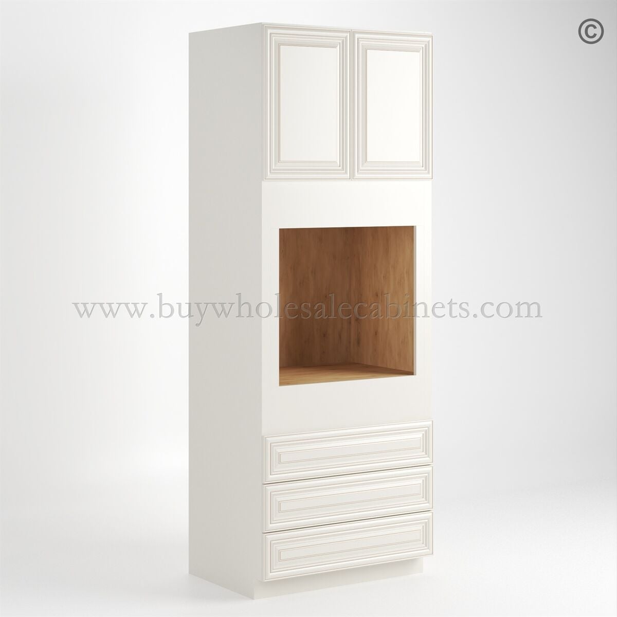Charleston White Raised Panel 33″ W Double Door Oven Pantry Cabinet with Three Drawers