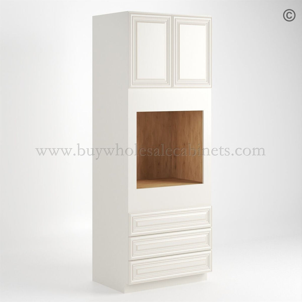 Charleston White Raised Panel 30″ W Double Door Oven Pantry Cabinet with Three Drawers