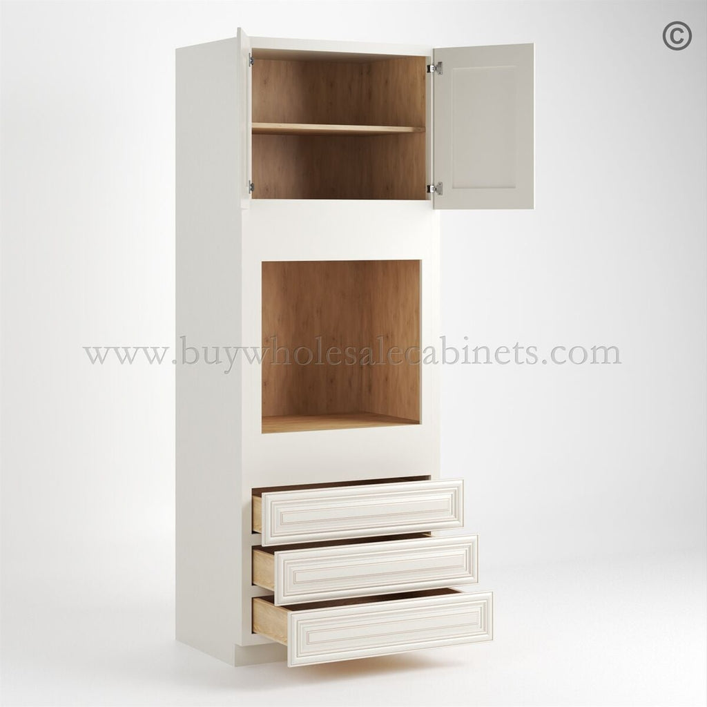 Charleston White Raised Panel 30″ W Double Door Oven Pantry Cabinet with Three Drawers