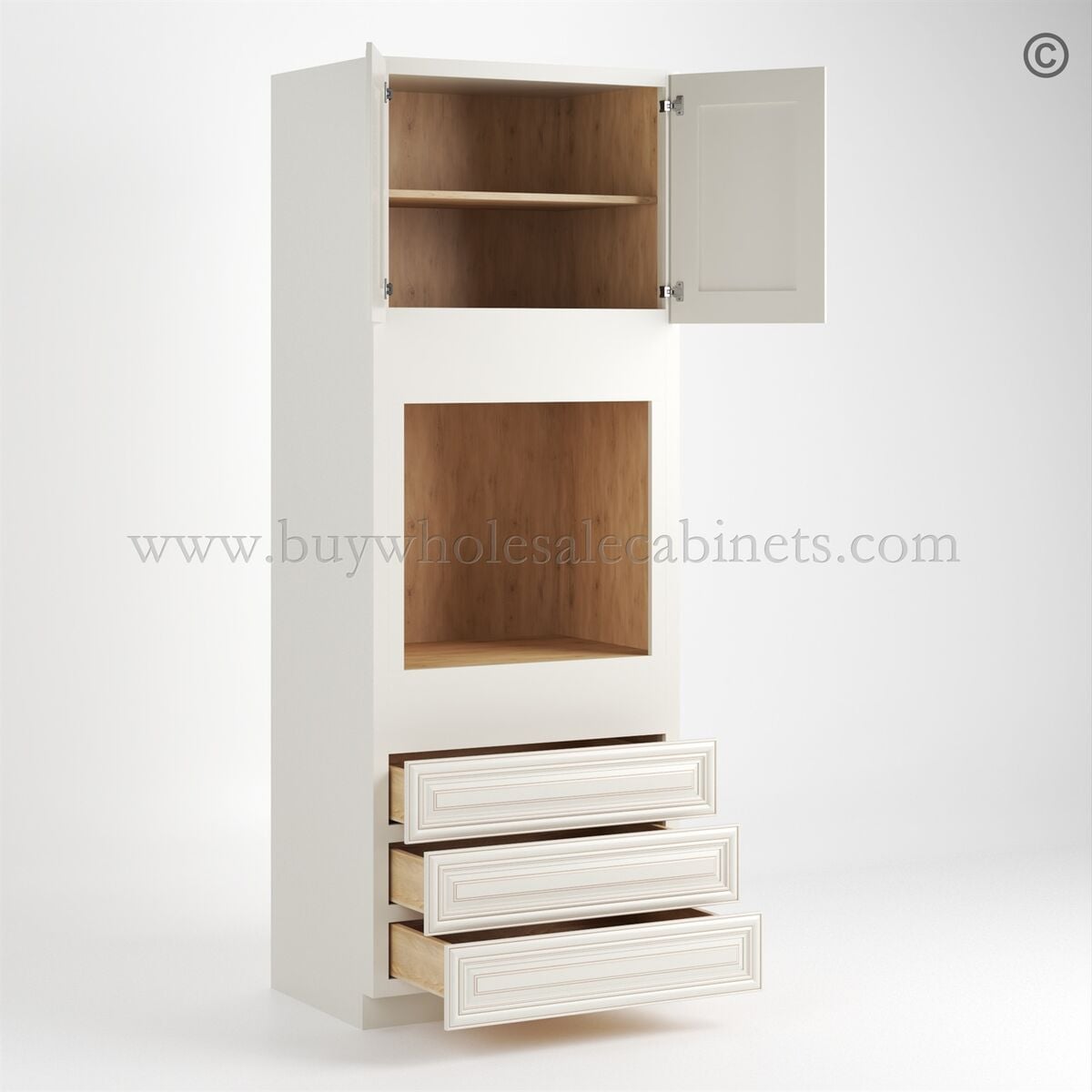 Charleston White Raised Panel 30″ W Double Door Oven Pantry Cabinet with Three Drawers