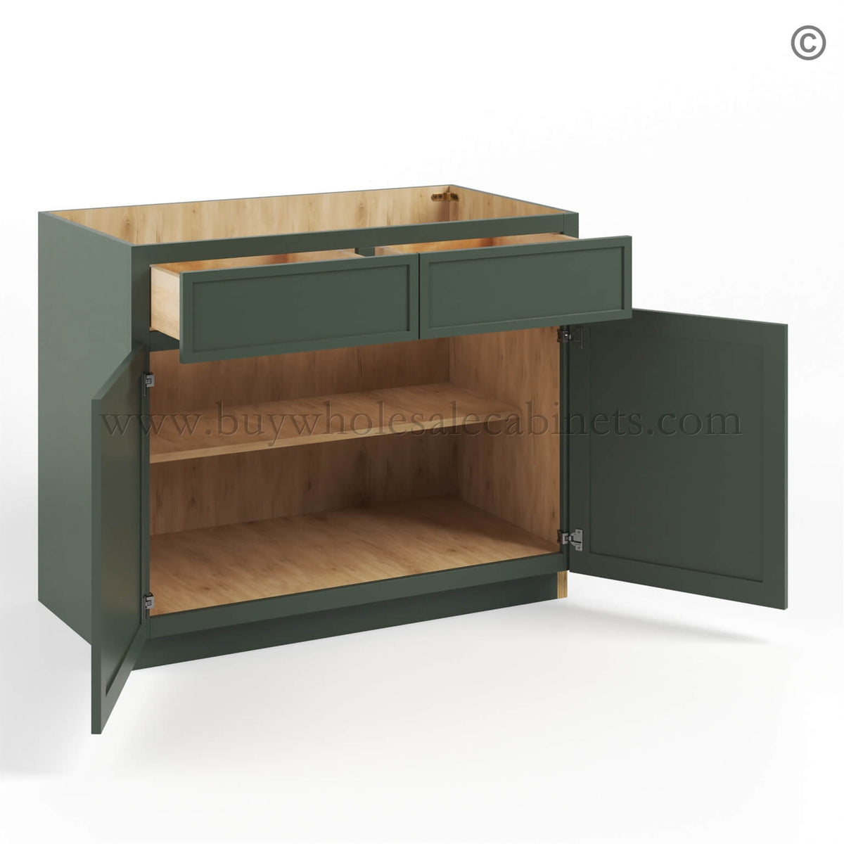 Slim Shaker Green Base Cabinet Double Doors & Double Drawer