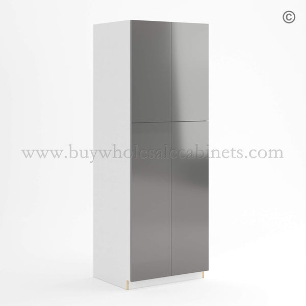 Frameless Gloss Gray Tall Pantry Cabinet with 4 Doors 24″W