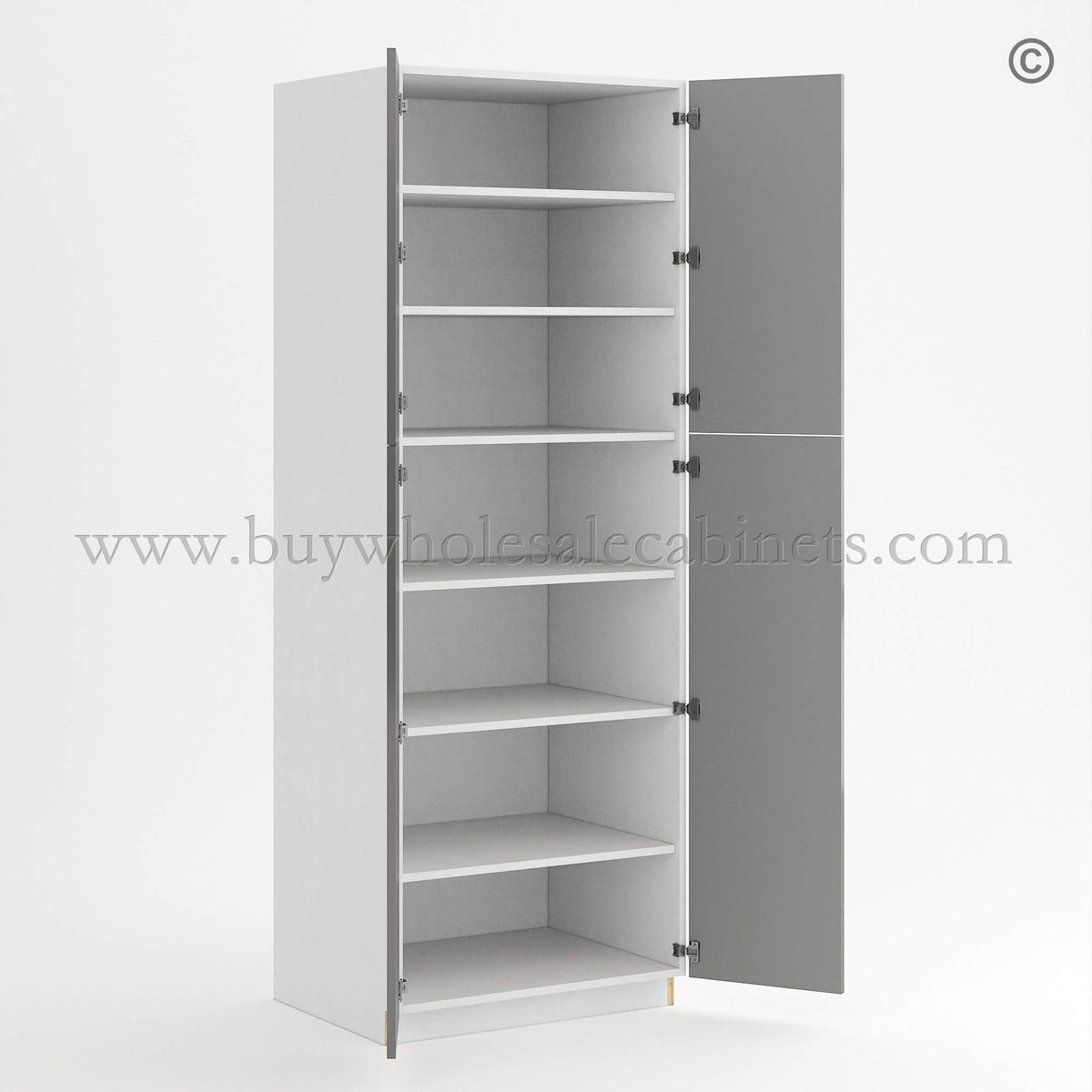 Frameless Gloss Gray Tall Pantry Cabinet with 4 Doors 30″W