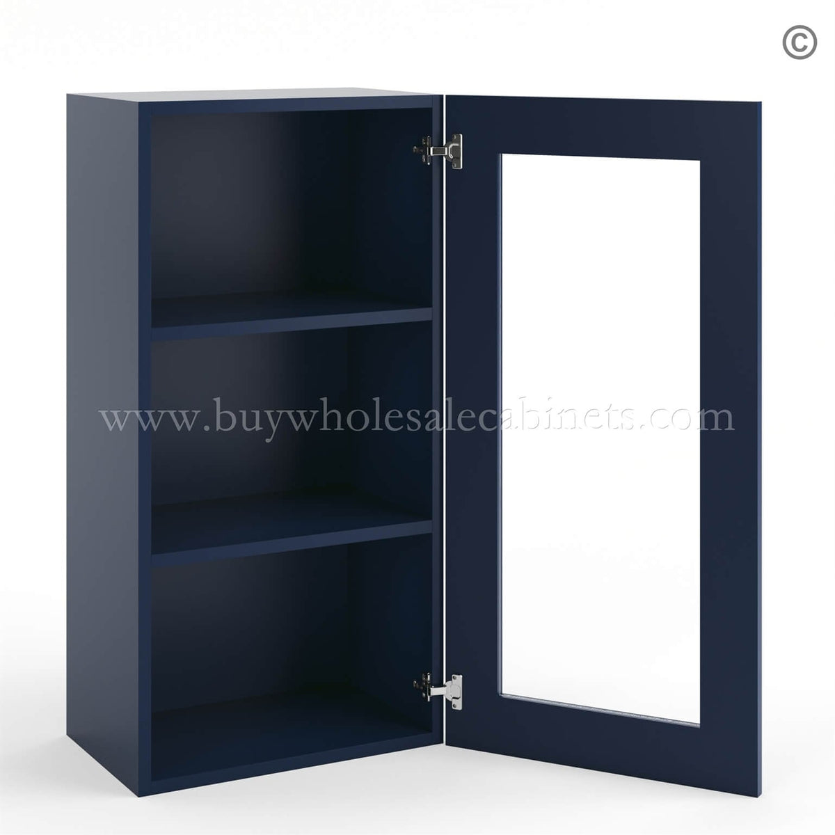 Frameless Oxford Blue Wall Mullion Door – 1 Door 3 Shelves – Glass And Clips Not Included.