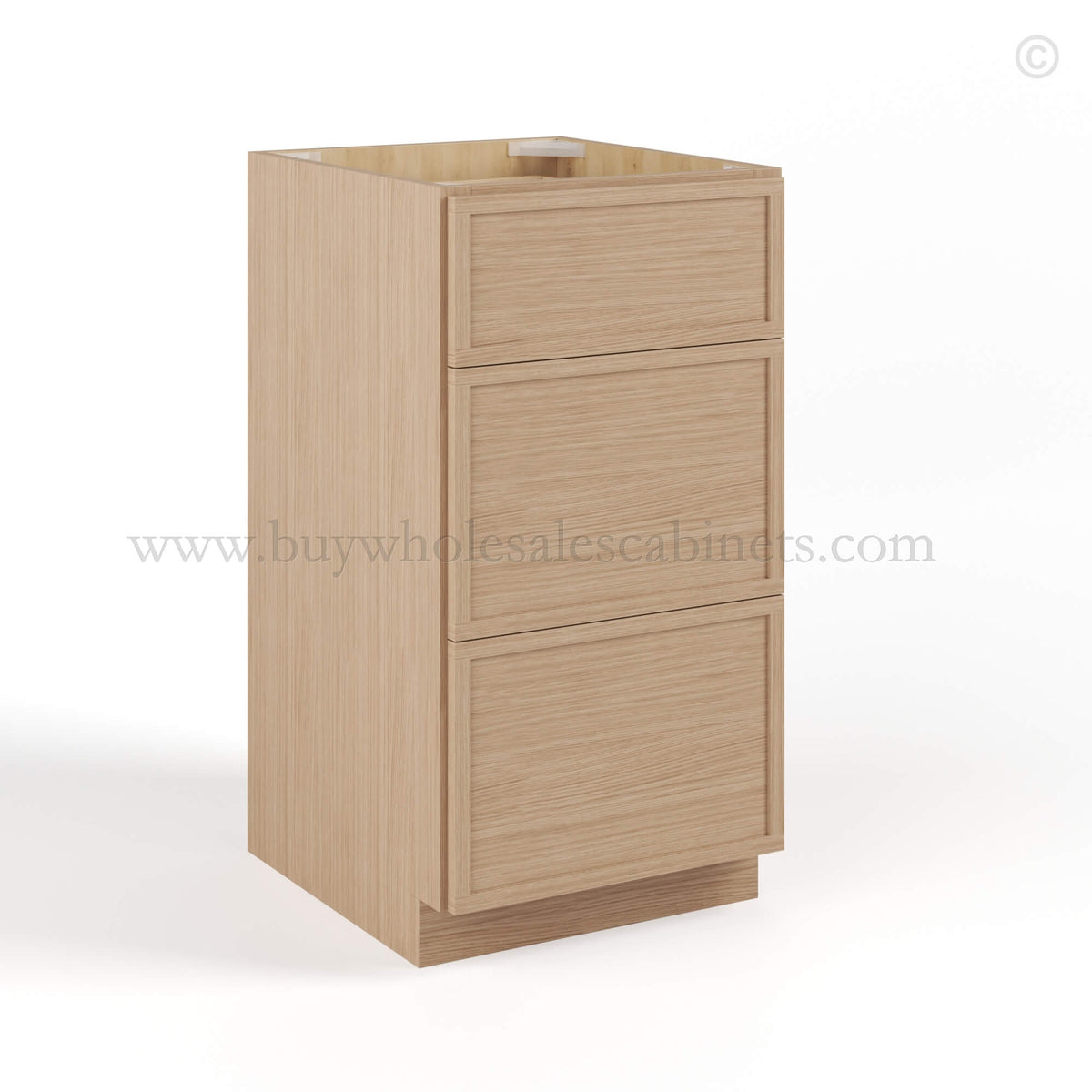 Slim Oak Shaker Vanity Three Drawer Base Cabinet