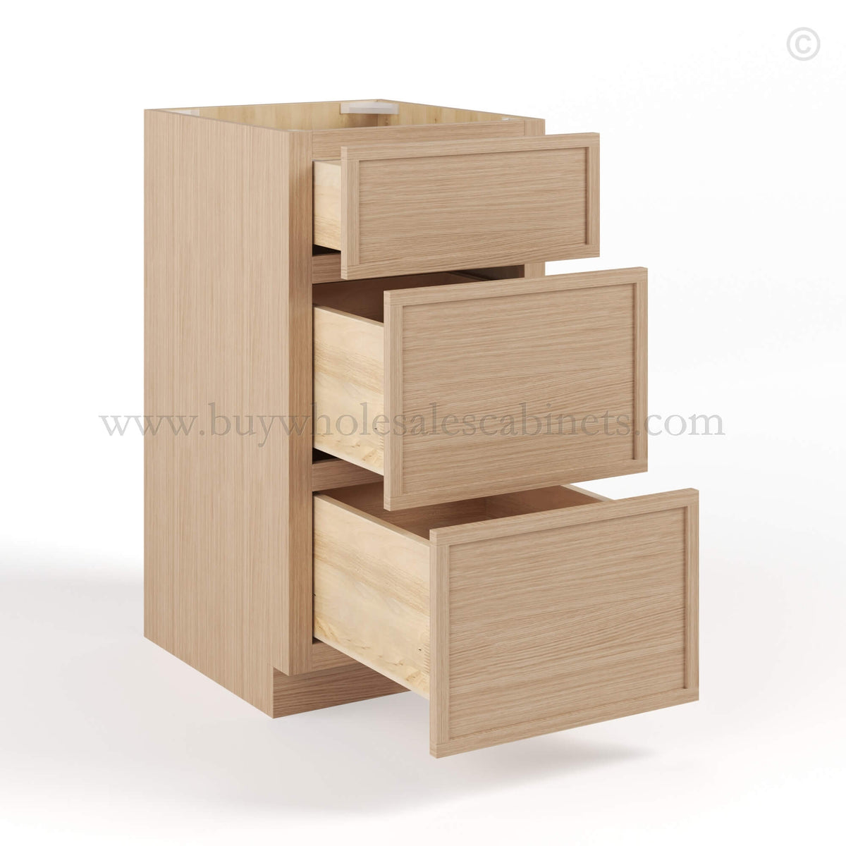 Slim Oak Shaker Vanity Three Drawer Base Cabinet