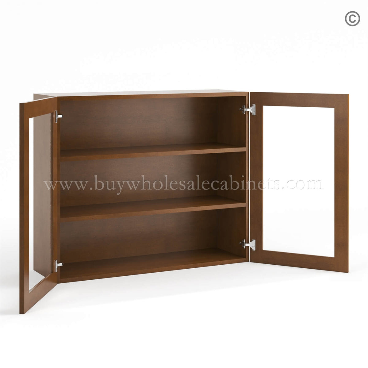 Frameless Classic Chestnut Wall Mullion Door 30″H – 2 Door 2 Shelves – Glass And Clips Not Included.