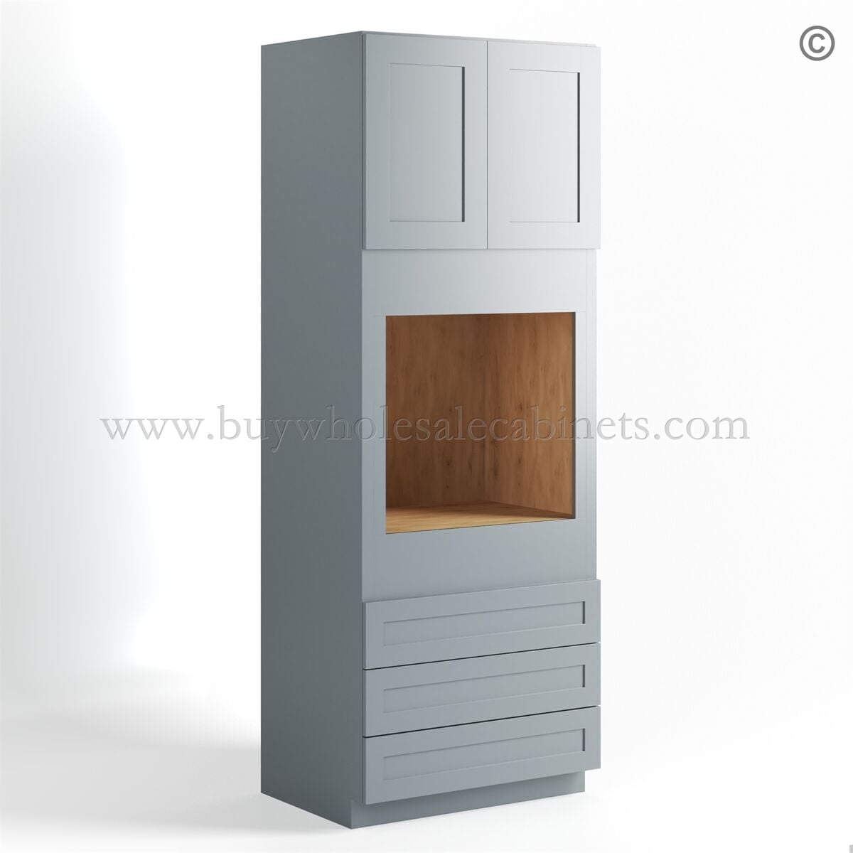 Gray Shaker 33″ W Double Door Oven Pantry Cabinet with Three Drawers