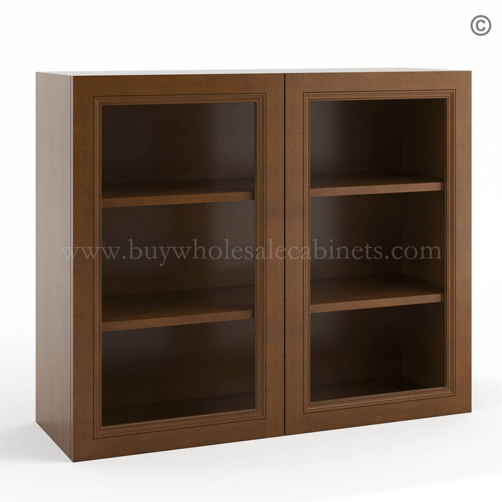 Frameless Classic Chestnut Wall Mullion Door 30″H – 2 Door 2 Shelves – Glass And Clips Not Included.
