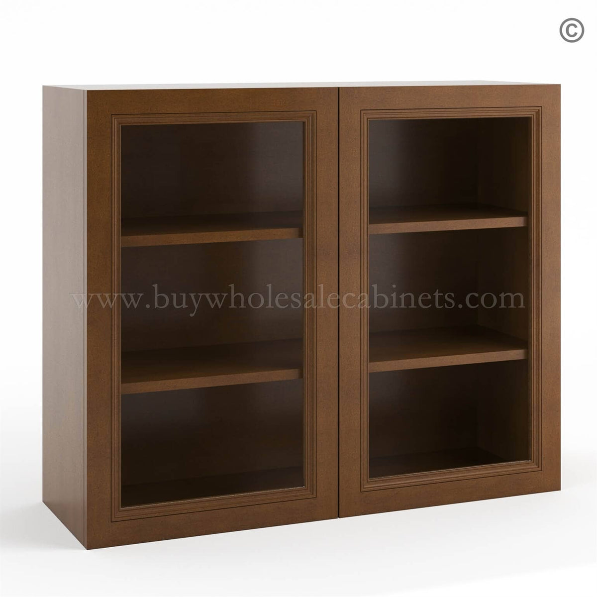 Frameless Classic Chestnut Wall Mullion Door 30″H – 2 Door 2 Shelves – Glass And Clips Not Included.
