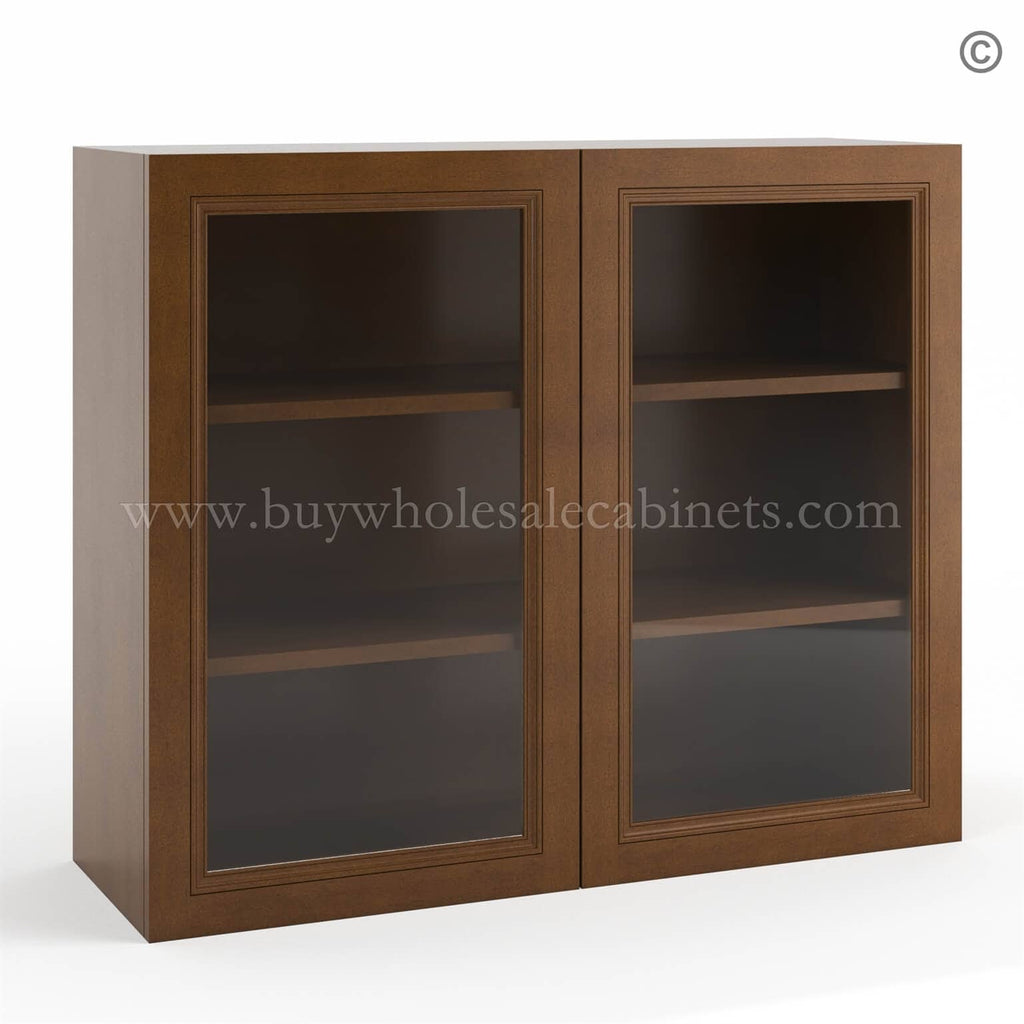 Frameless Classic Chestnut Wall Mullion Door 30″H – 2 Door 2 Shelves – Glass And Clips Not Included.