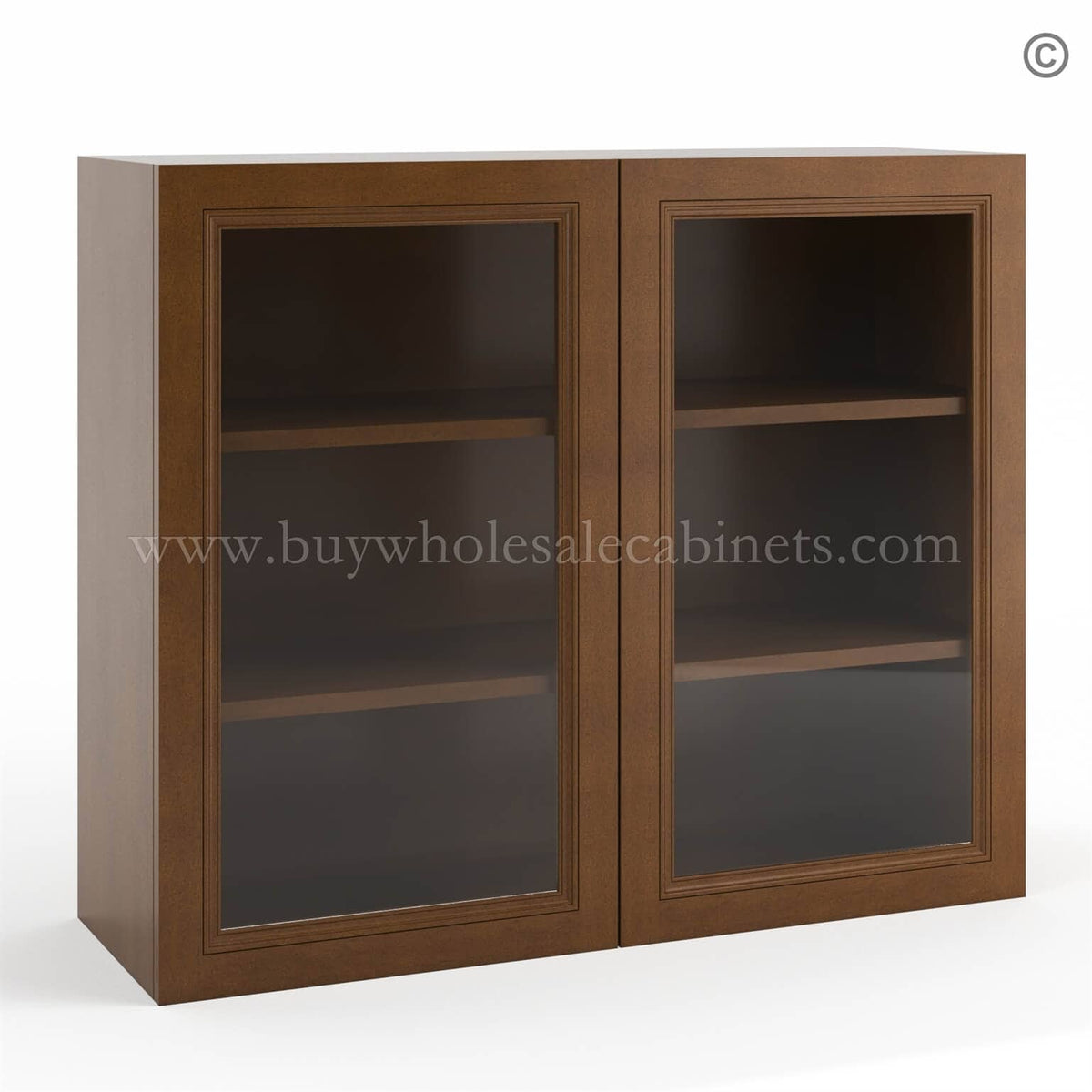 Frameless Classic Chestnut Wall Mullion Door 30″H – 2 Door 2 Shelves – Glass And Clips Not Included.