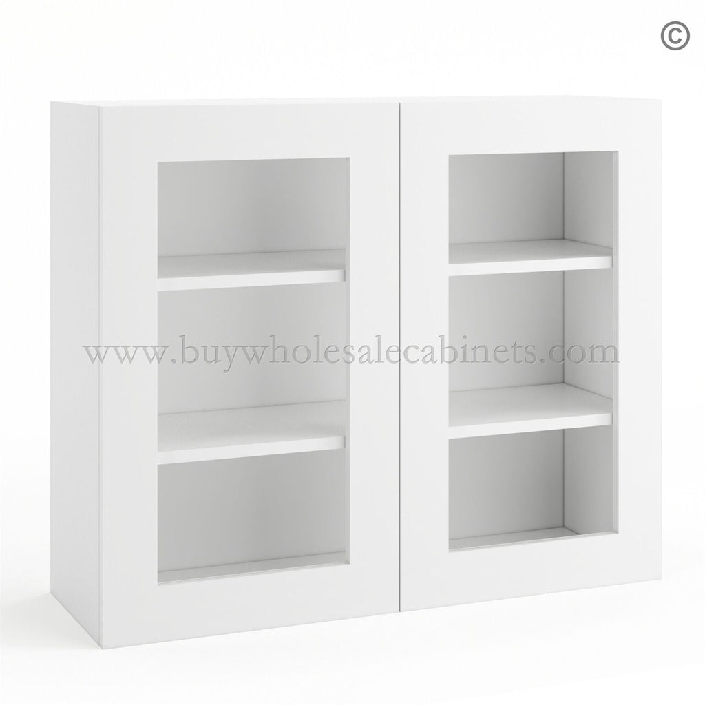 Frameless Modern White Shaker Wall Mullion Door 30″H – 2 Door 2 Shelves – Glass And Clips Not Included.