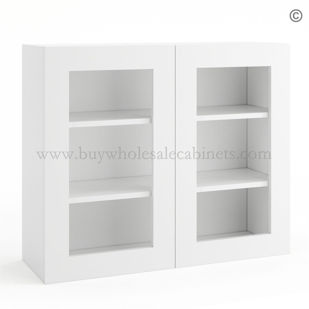 Frameless Modern White Shaker Wall Mullion Door 30″H – 2 Door 2 Shelves – Glass And Clips Not Included.