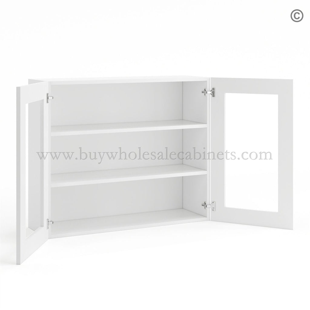 Frameless Modern White Shaker Wall Mullion Door 30″H – 2 Door 2 Shelves – Glass And Clips Not Included.