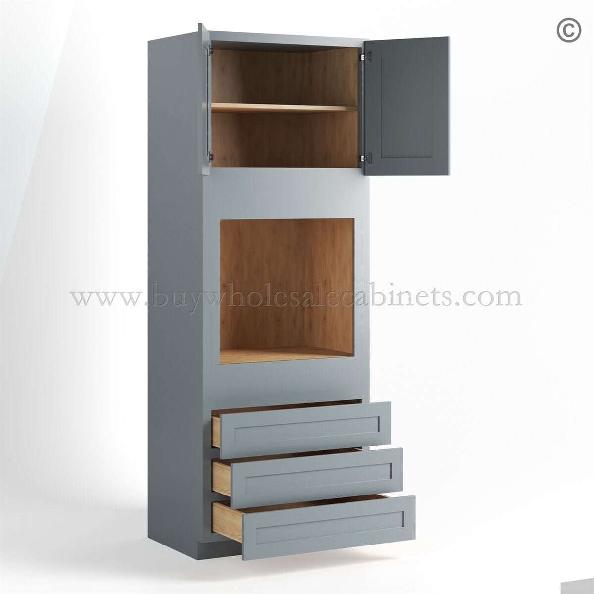 Gray Shaker 30″ W Double Door Oven Pantry Cabinet with Three Drawers