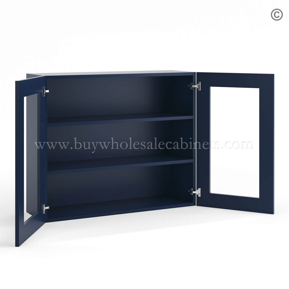 Frameless Oxford Blue Wall Mullion Door 30″H – 2 Door 2 Shelves – Glass And Clips Not Included.