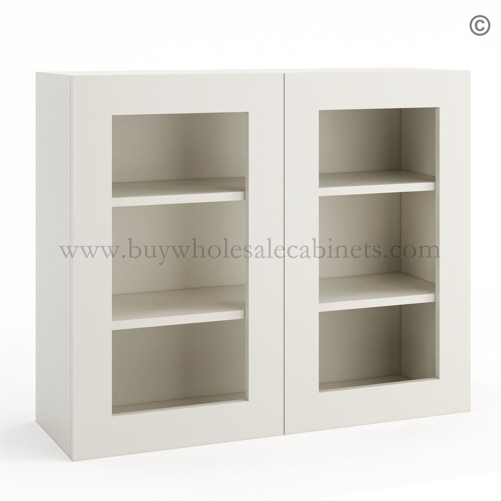 Frameless Pearl White Wall Mullion Door 30″H – 2 Door 2 Shelves – Glass And Clips Not Included.