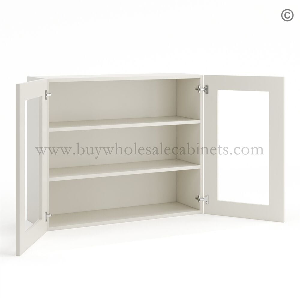 Frameless Pearl White Wall Mullion Door 30″H – 2 Door 2 Shelves – Glass And Clips Not Included.