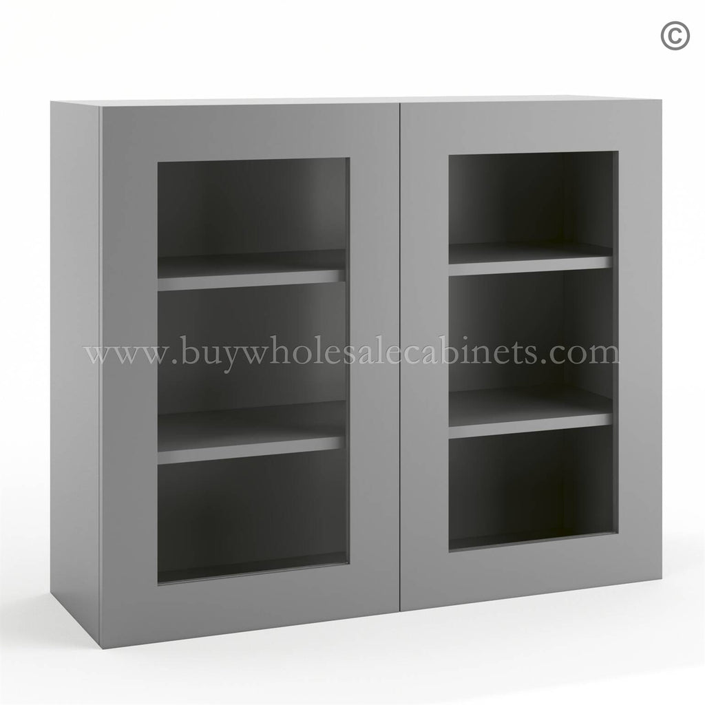 Frameless Graphite Gray Wall Mullion Door 30″H – 2 Door 2 Shelves – Glass And Clips Not Included.