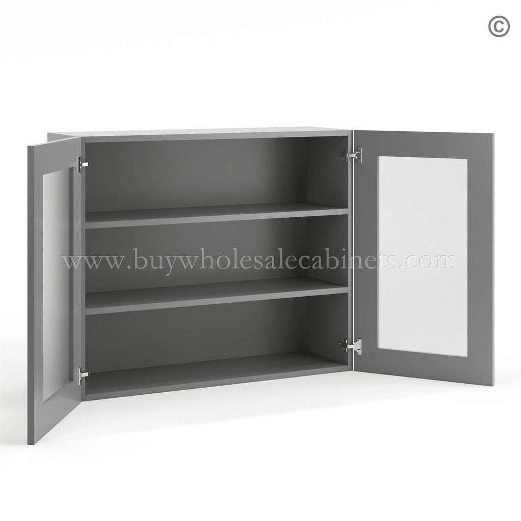 Frameless Graphite Gray Wall Mullion Door 30″H – 2 Door 2 Shelves – Glass And Clips Not Included.