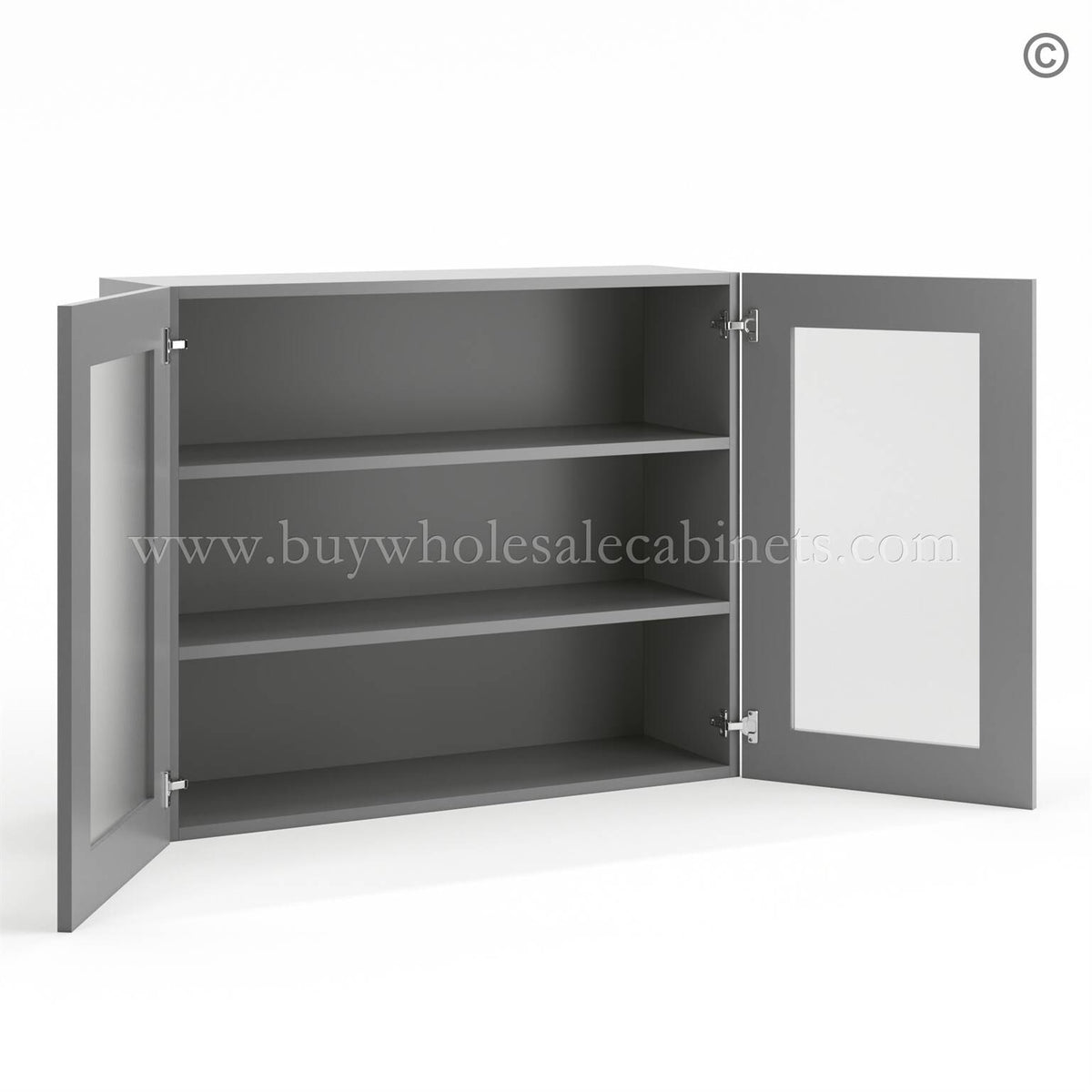 Frameless Graphite Gray Wall Mullion Door 30″H – 2 Door 2 Shelves – Glass And Clips Not Included.