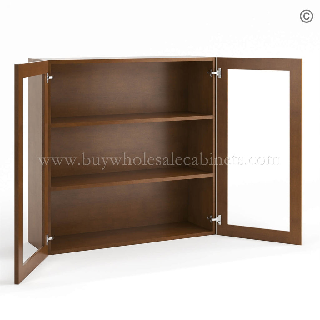 Frameless Classic Chestnut Wall Mullion Door 36″H – 2 Door 2 Shelves – Glass And Clips Not Included.