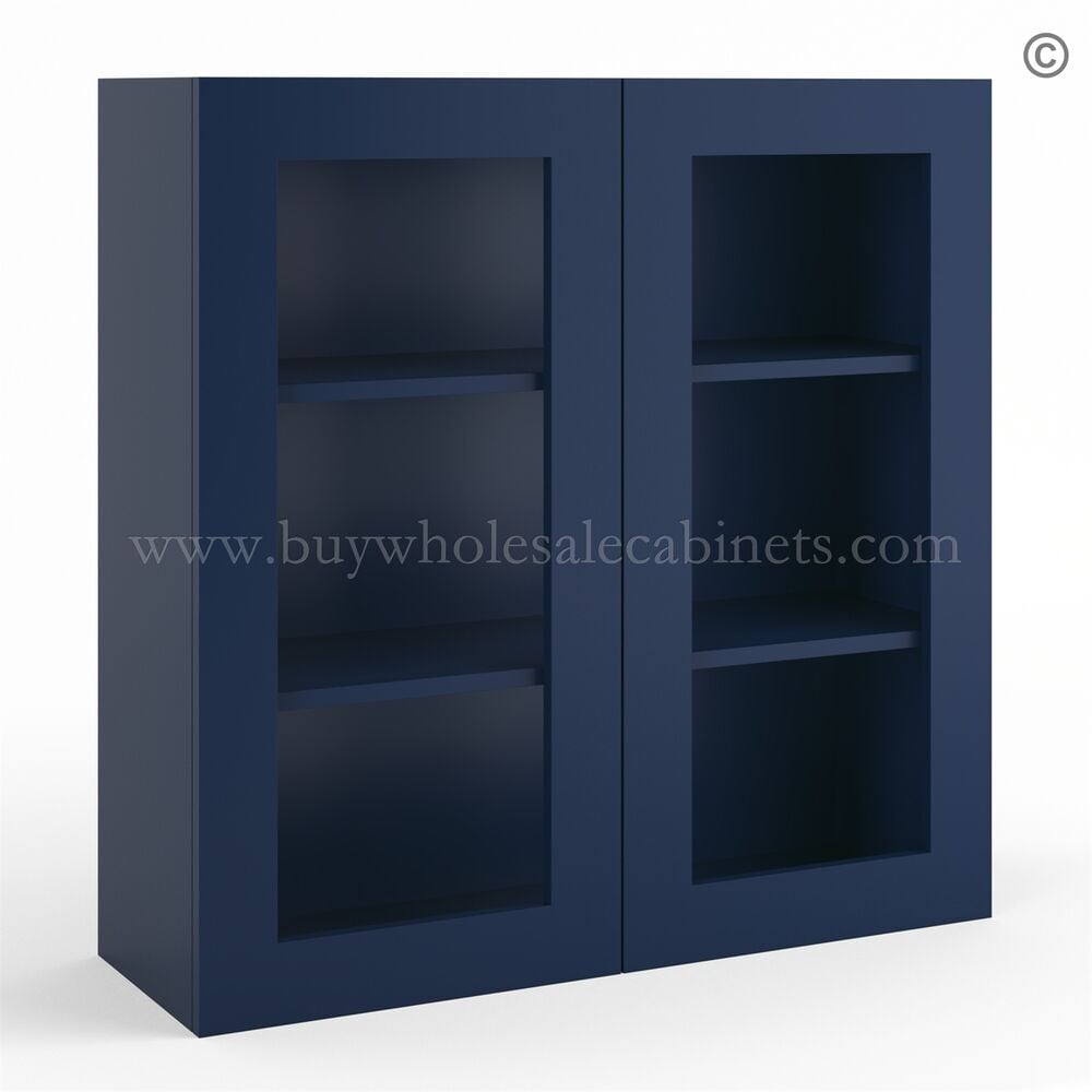 Frameless Oxford Blue Wall Mullion Door 36″H – 2 Door 2 Shelves – Glass And Clips Not Included.