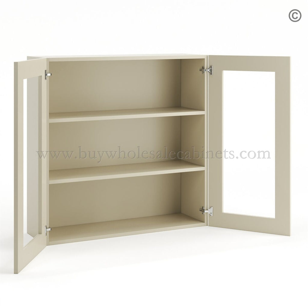Frameless Ivory White Wall Mullion Door 36″H – 2 Door 2 Shelves – Glass And Clips Not Included.