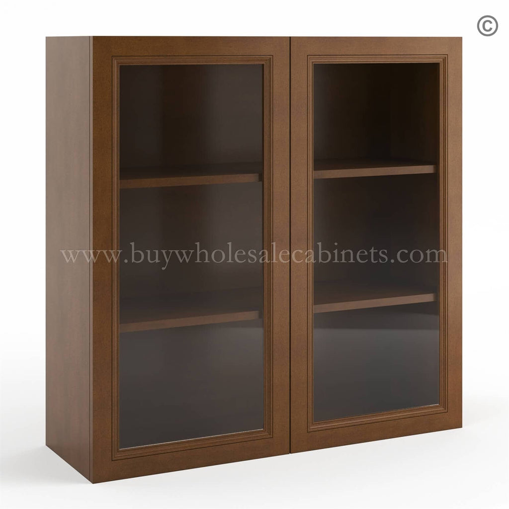 Frameless Classic Chestnut Wall Mullion Door 36″H – 2 Door 2 Shelves – Glass And Clips Not Included.