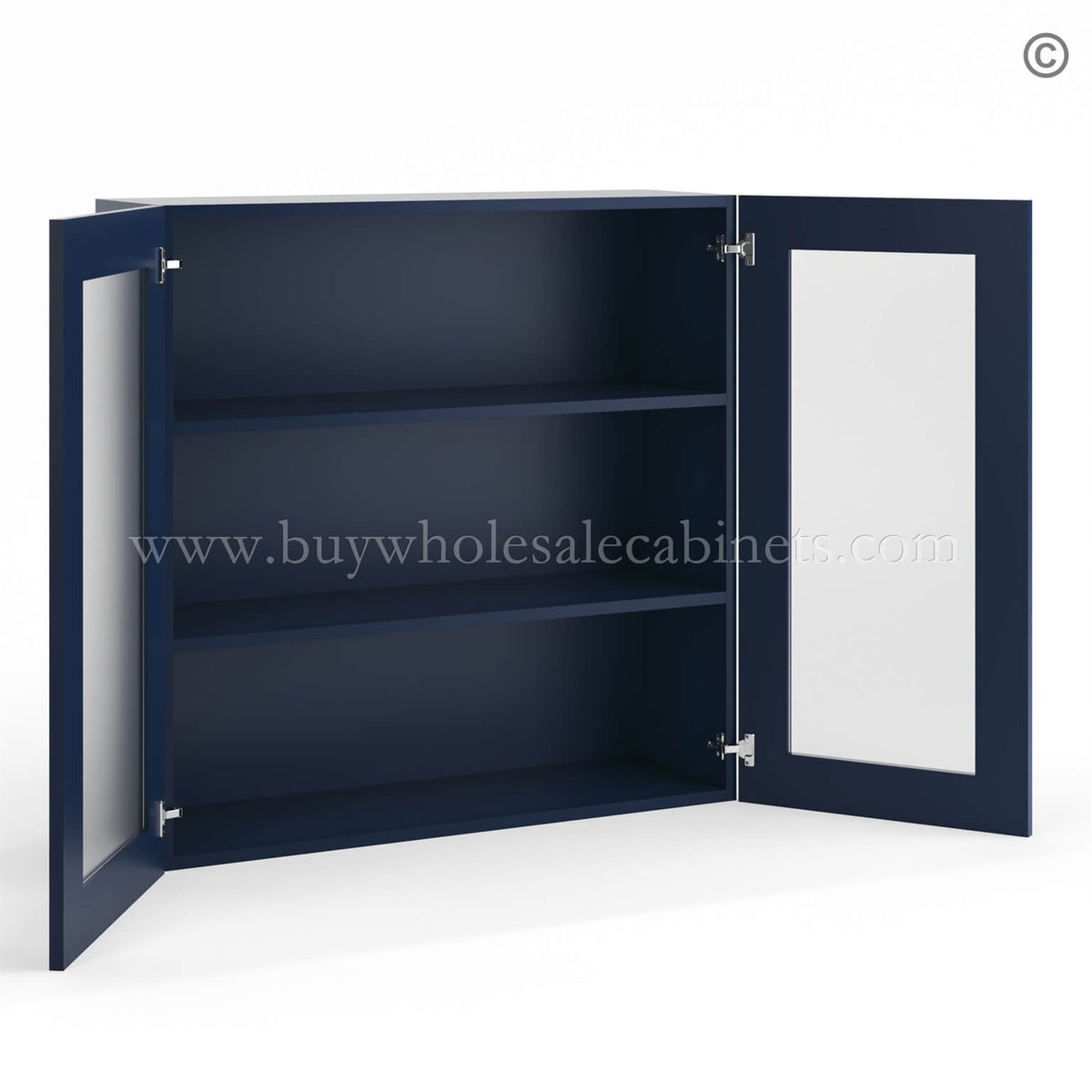 Frameless Oxford Blue Wall Mullion Door 36″H – 2 Door 2 Shelves – Glass And Clips Not Included.
