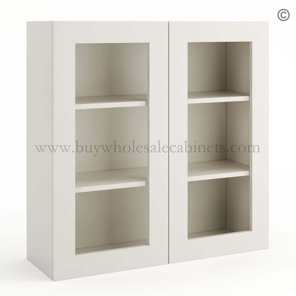 Frameless Pearl White Wall Mullion Door 36″H – 2 Door 2 Shelves – Glass And Clips Not Included.