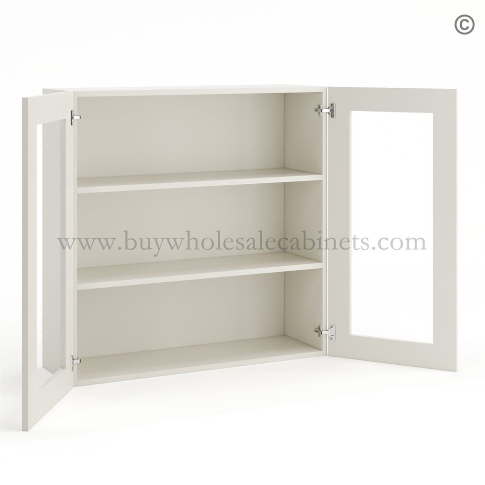 Frameless Pearl White Wall Mullion Door 36″H – 2 Door 2 Shelves – Glass And Clips Not Included.