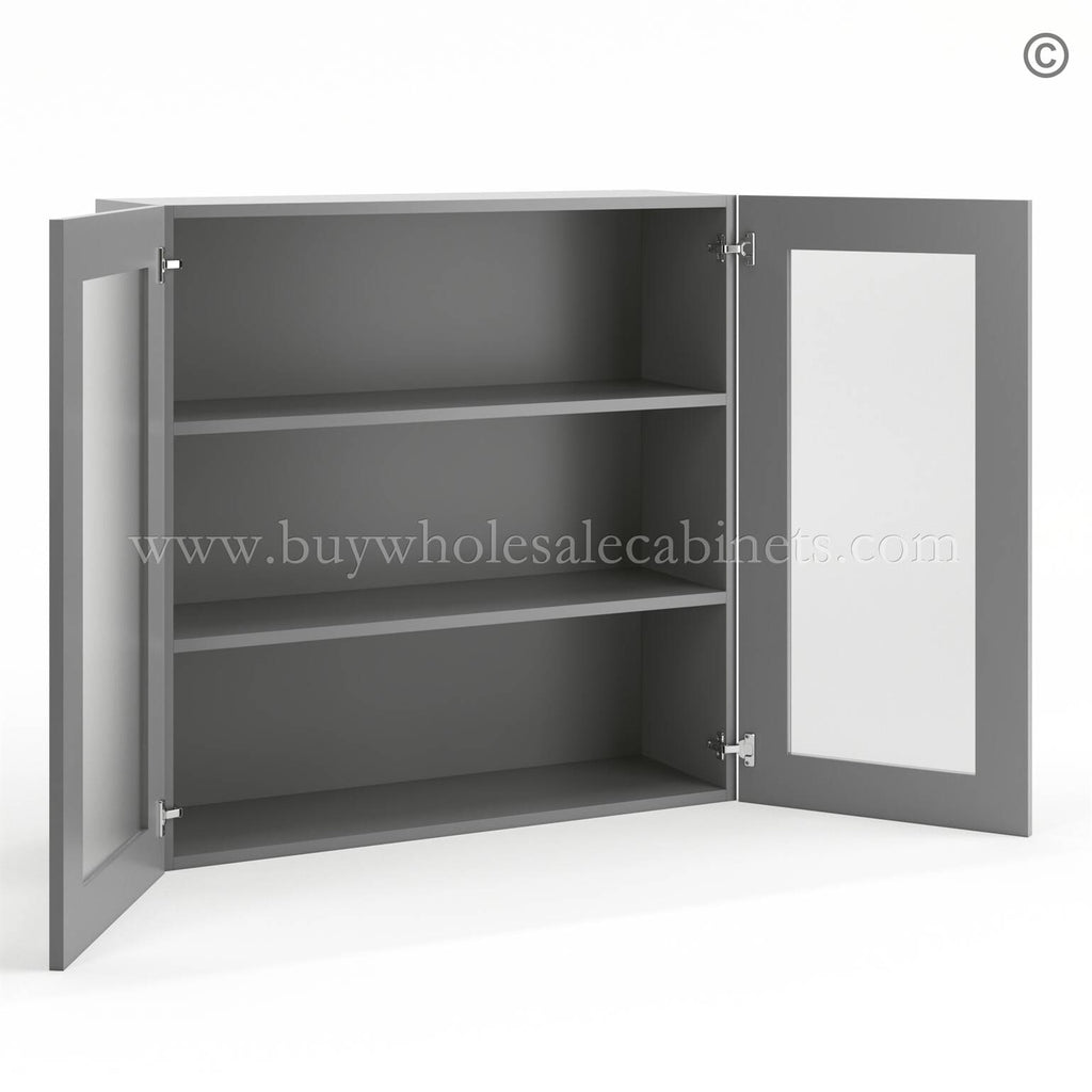 Frameless Graphite Gray Wall Mullion Door 36″H – 2 Door 2 Shelves – Glass And Clips Not Included.