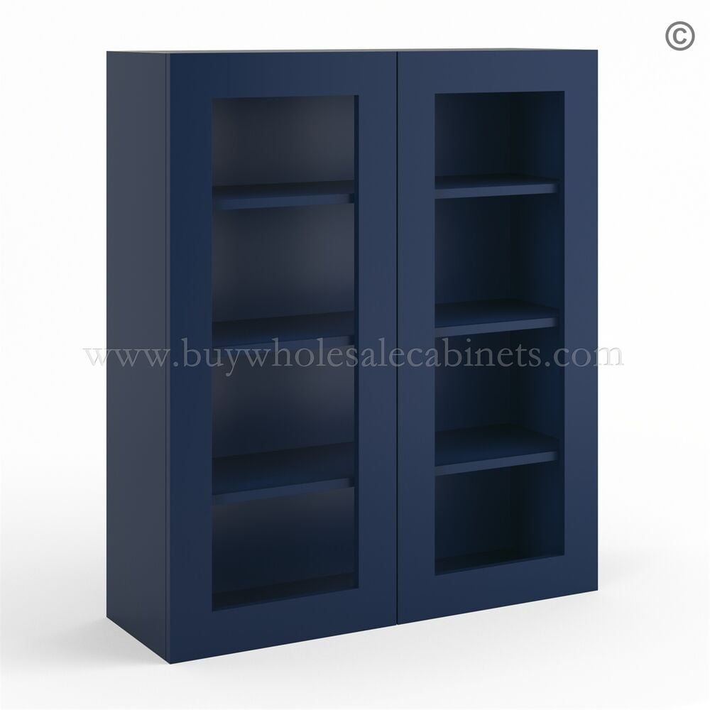 Frameless Oxford Blue Wall Mullion Door 42″H – 2 Door 3 Shelves – Glass And Clips Not Included.