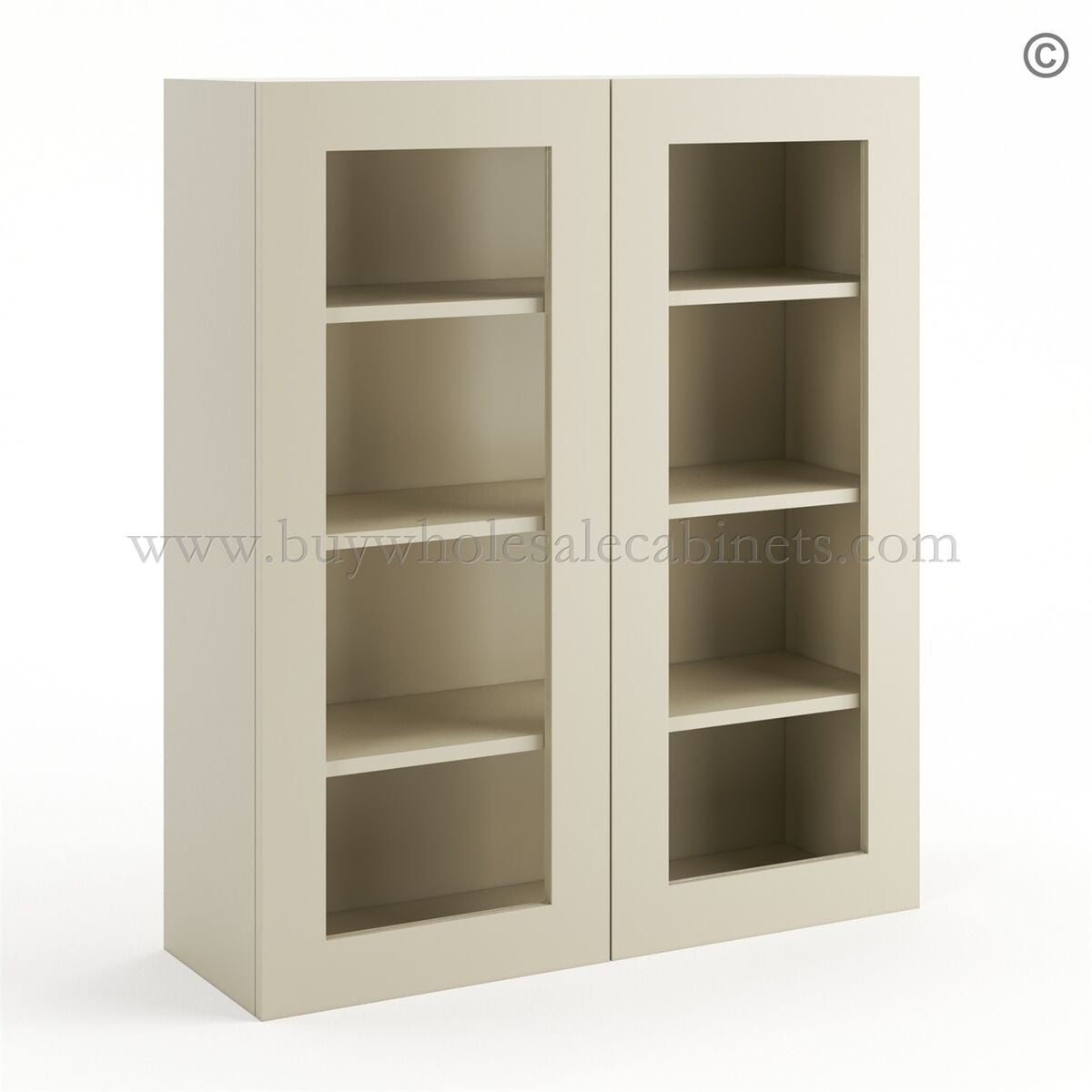 Frameless Ivory White Wall Mullion Door 42″H – 2 Door 3 Shelves – Glass And Clips Not Included.