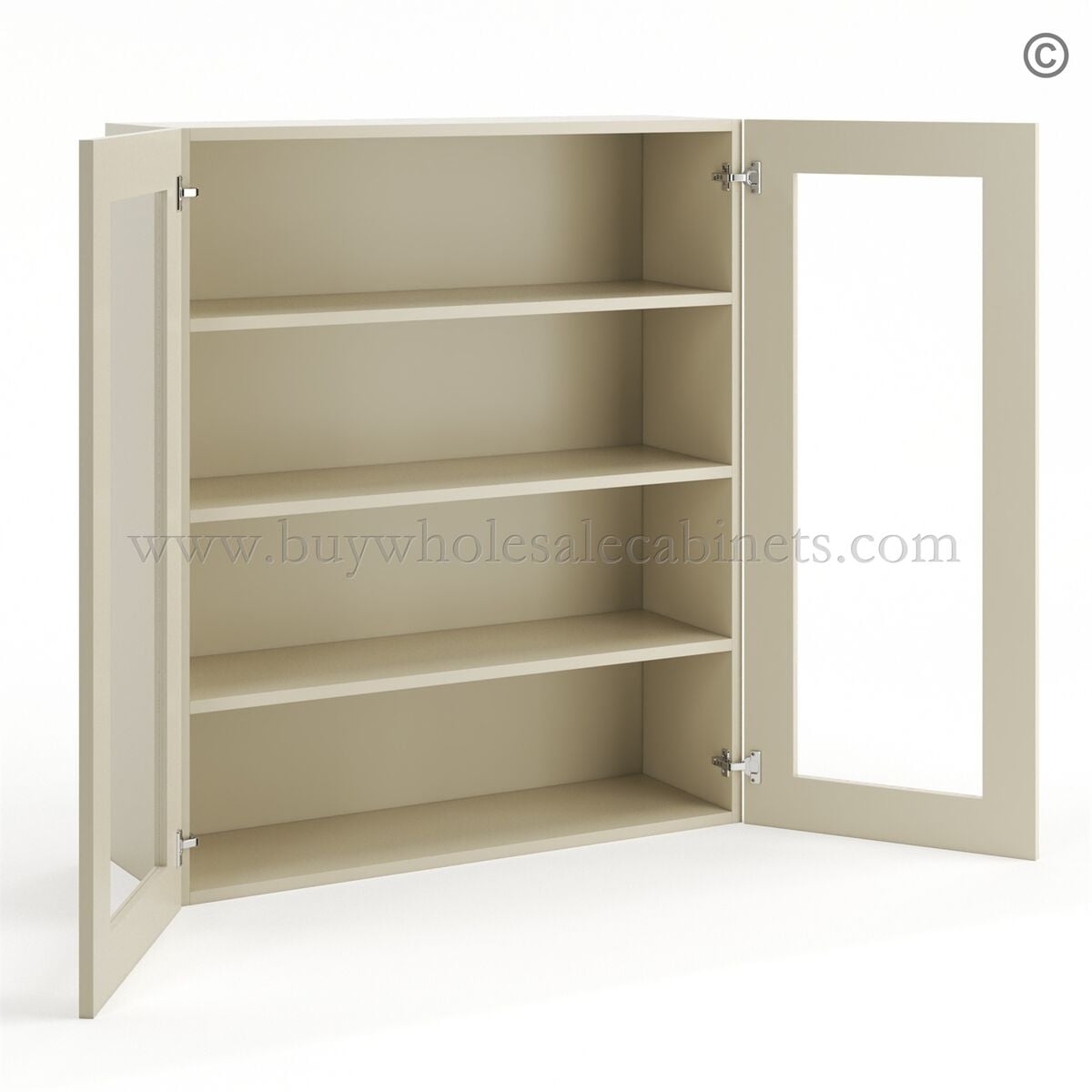 Frameless Ivory White Wall Mullion Door 42″H – 2 Door 3 Shelves – Glass And Clips Not Included.