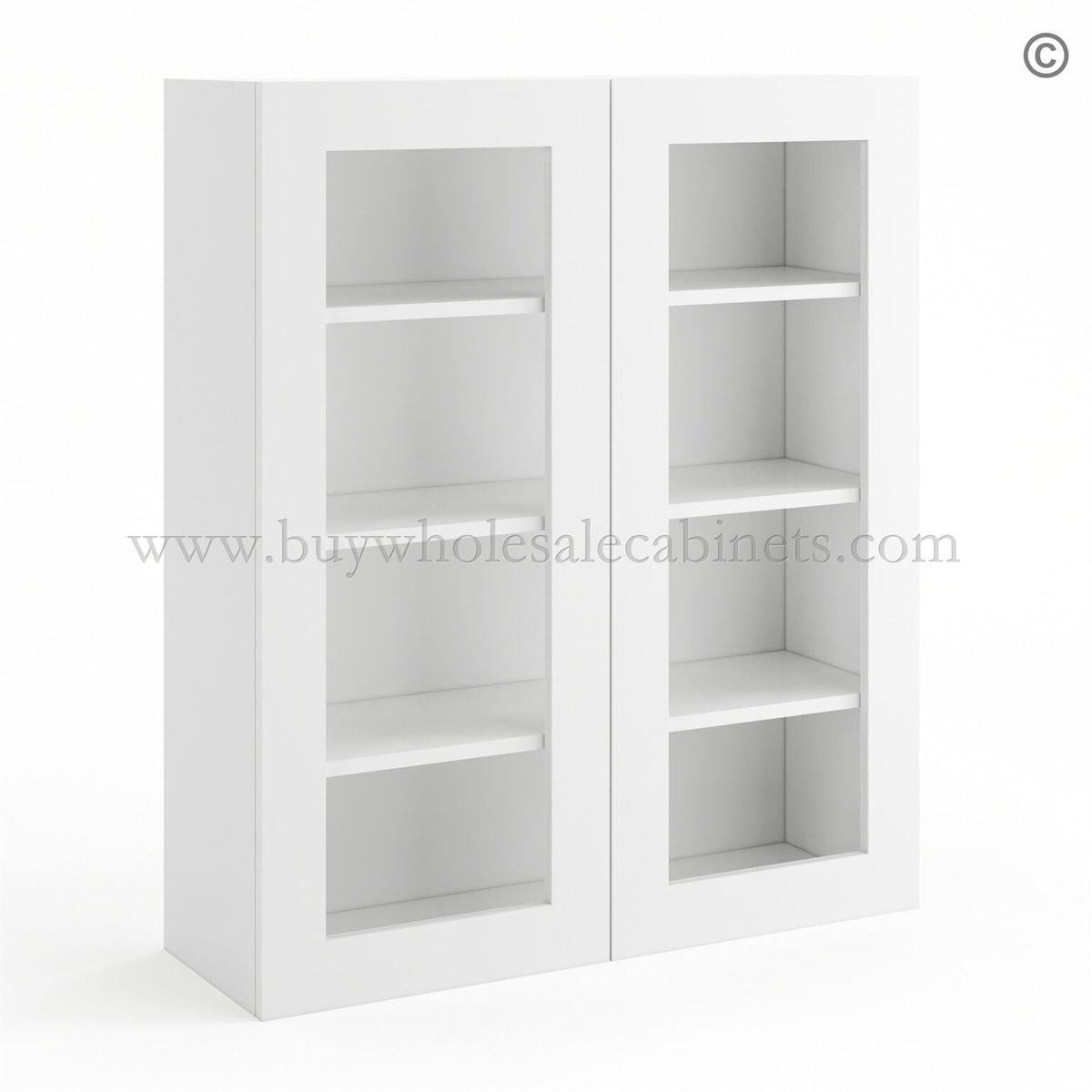 Frameless Modern White Shaker Wall Mullion Door 42″H – 2 Door 3 Shelves – Glass And Clips Not Included.