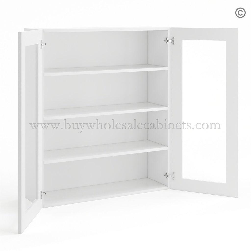 Frameless Modern White Shaker Wall Mullion Door 42″H – 2 Door 3 Shelves – Glass And Clips Not Included.