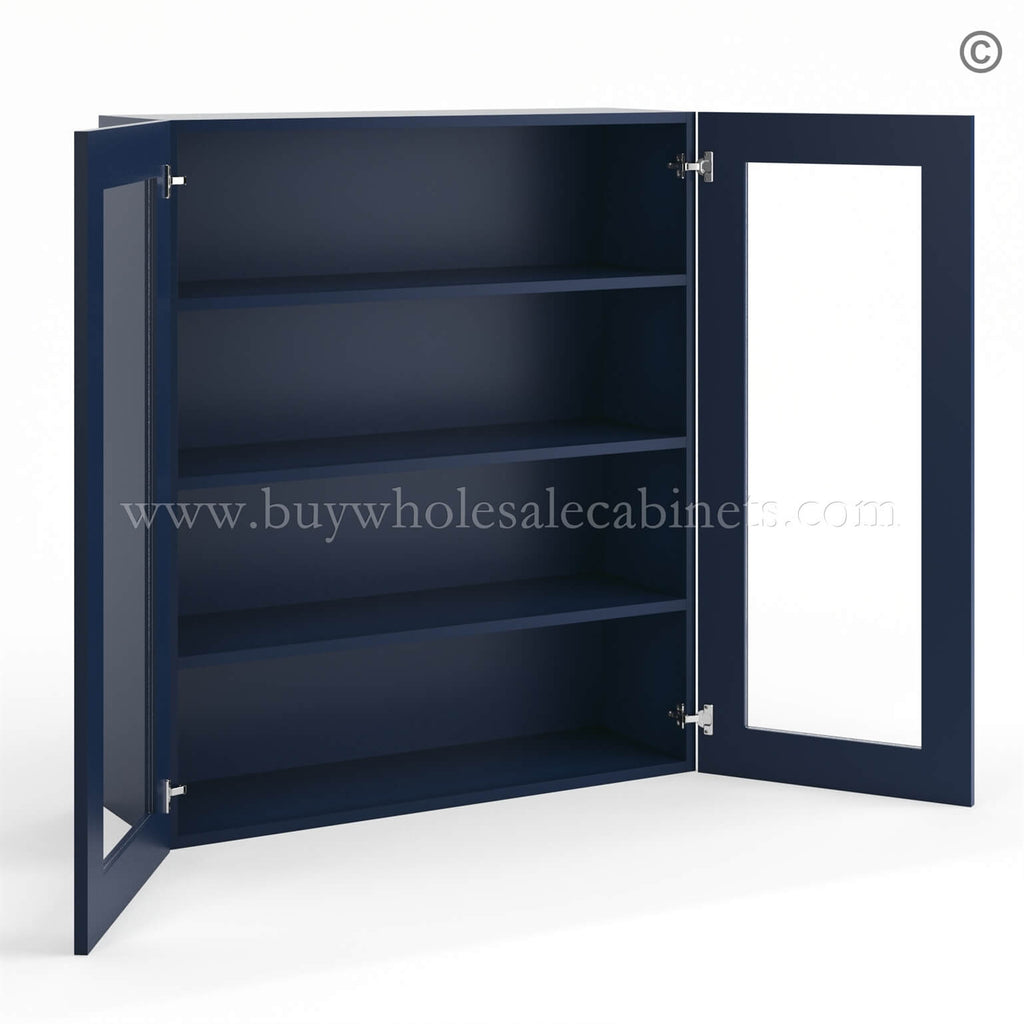 Frameless Oxford Blue Wall Mullion Door 42″H – 2 Door 3 Shelves – Glass And Clips Not Included.