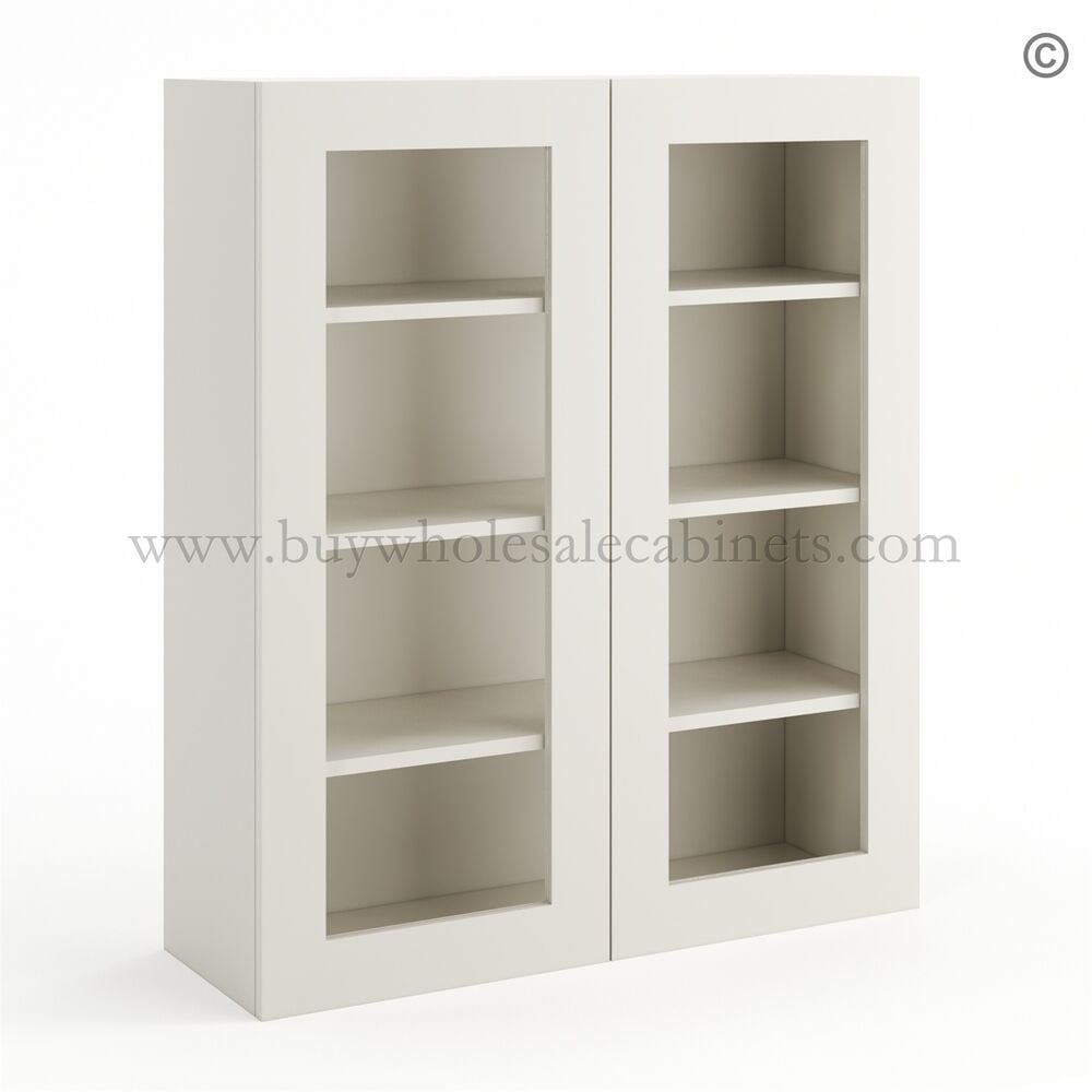 Frameless Pearl White Wall Mullion Door 42″H – 2 Door 3 Shelves – Glass And Clips Not Included.