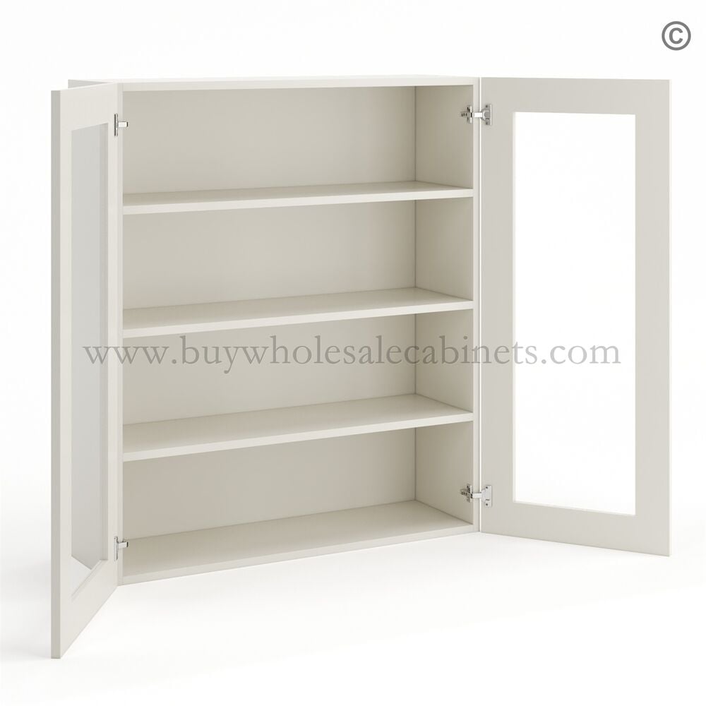 Frameless Pearl White Wall Mullion Door 42″H – 2 Door 3 Shelves – Glass And Clips Not Included.